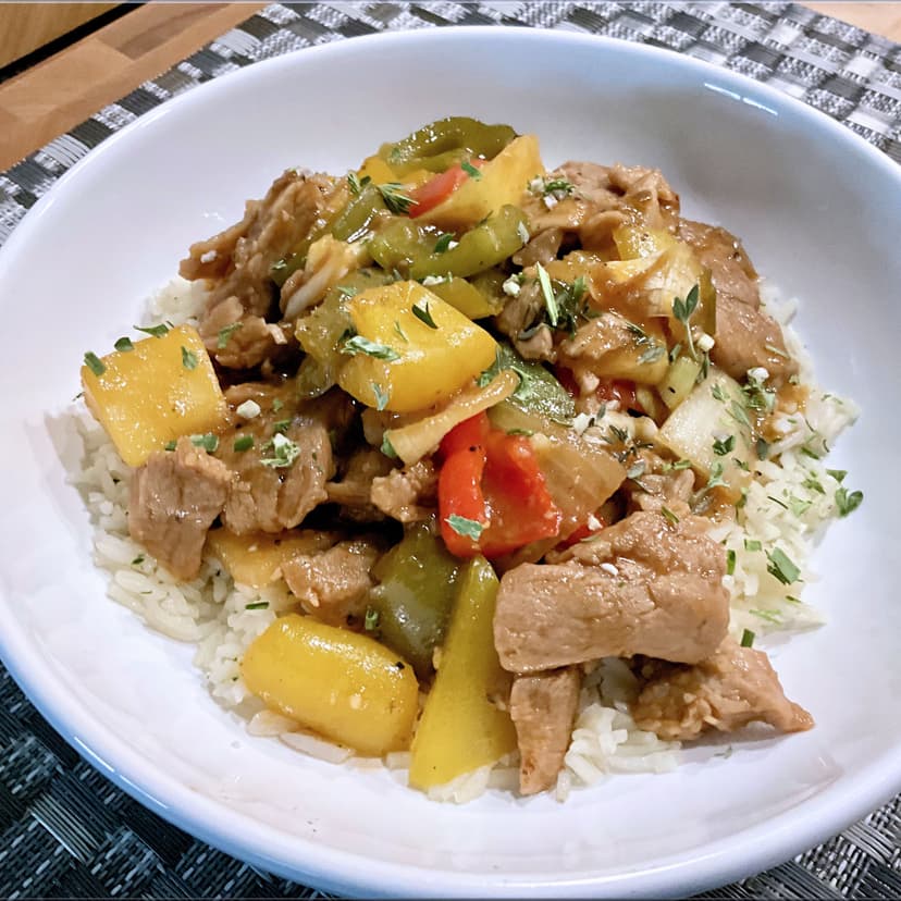 Teriyaki Sweet and Sour Pork Medallions with Herbed Rice