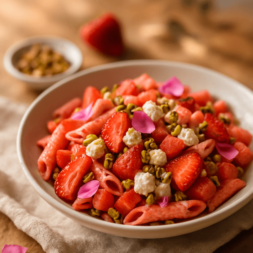 Pink Strawberry Pasta Salad with Watermelon & Pistachios