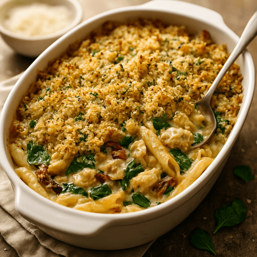 Creamy Garlic Chicken Pasta Bake with Spinach