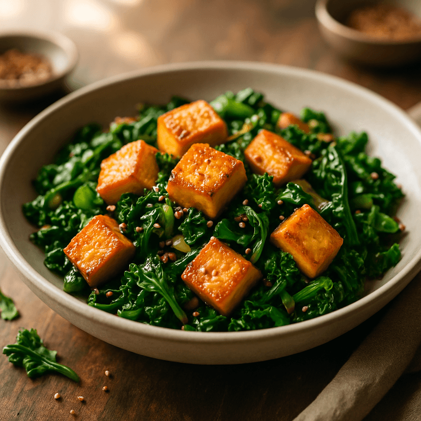 Crispy Twice-Cooked Tofu with Garlic Greens