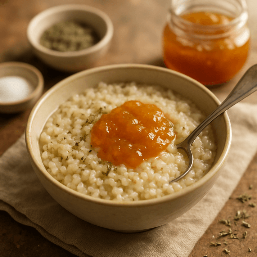 Herbal Barley Porridge with Apricot Jam