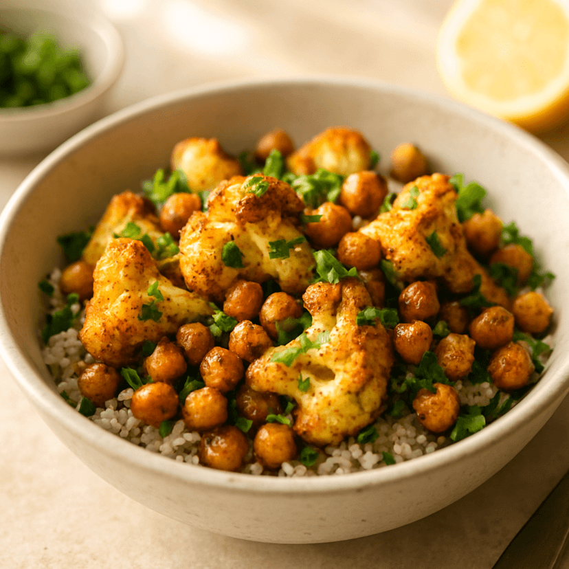 Spiced Roasted Cauliflower Chickpea Bowl