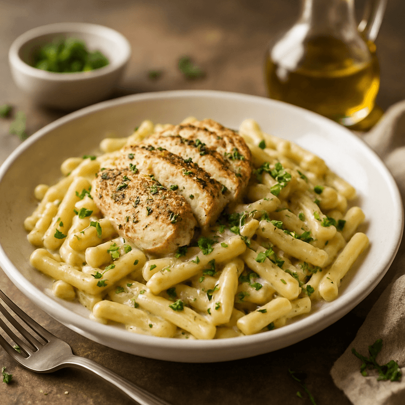 Savory Casarecce with Herb Chicken and Garlic Cream Sauce