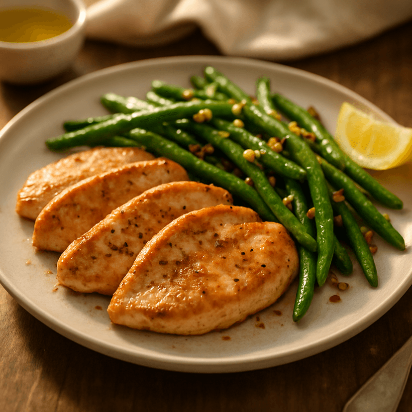 Pan-Seared Turkey with Garlic Green Beans