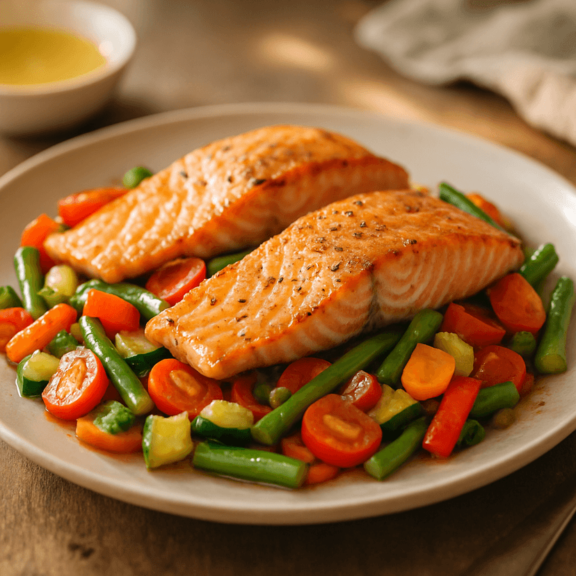 Pan-Seared Salmon with Colorful Veggie Medley