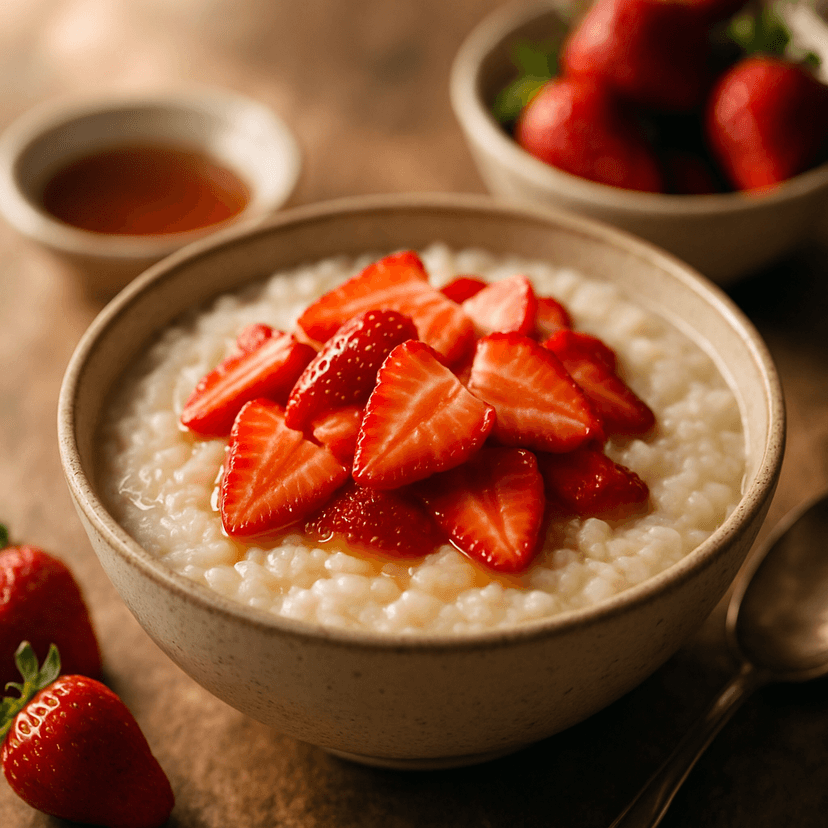 Warm Rice Porridge with Fresh Strawberries