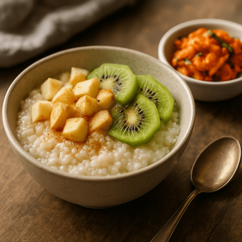 Warm Rice Porridge with Fruit and Spicy Kimchi