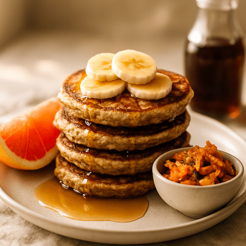 Banana Oat Pancakes with Grapefruit & Kimchi on the Side