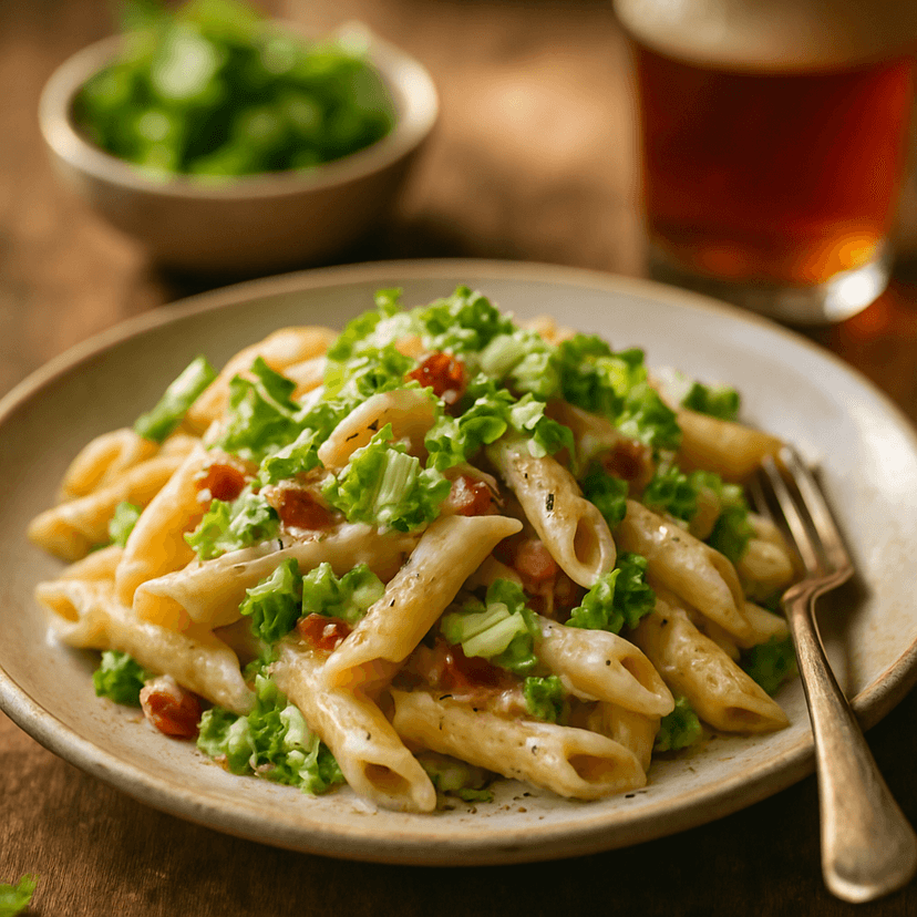 Creamy Red Lager Penne with Romaine Crunch