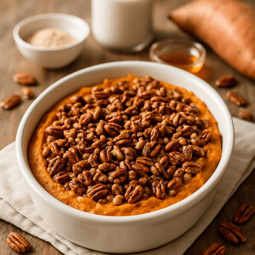 Light Sweet Potato Casserole with Crunchy Pecan Top