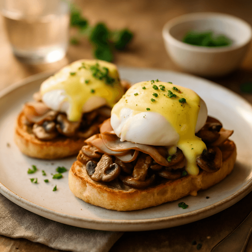 Eggs Benedict with Honey Ham and Sautéed Mushrooms