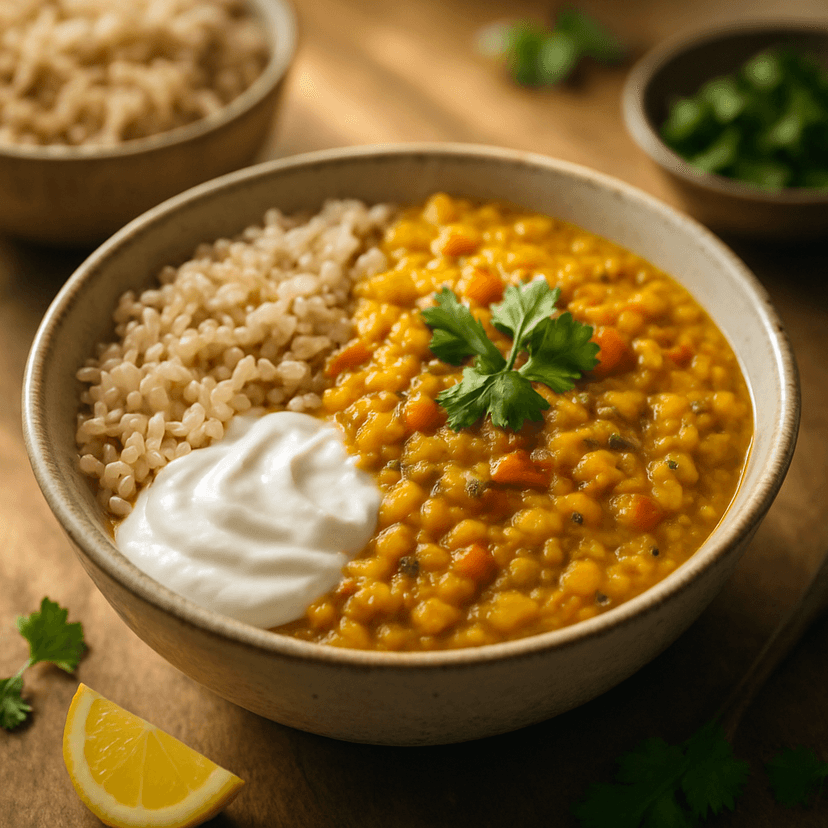 Golden Lentil Curry with Brown Rice and Yogurt