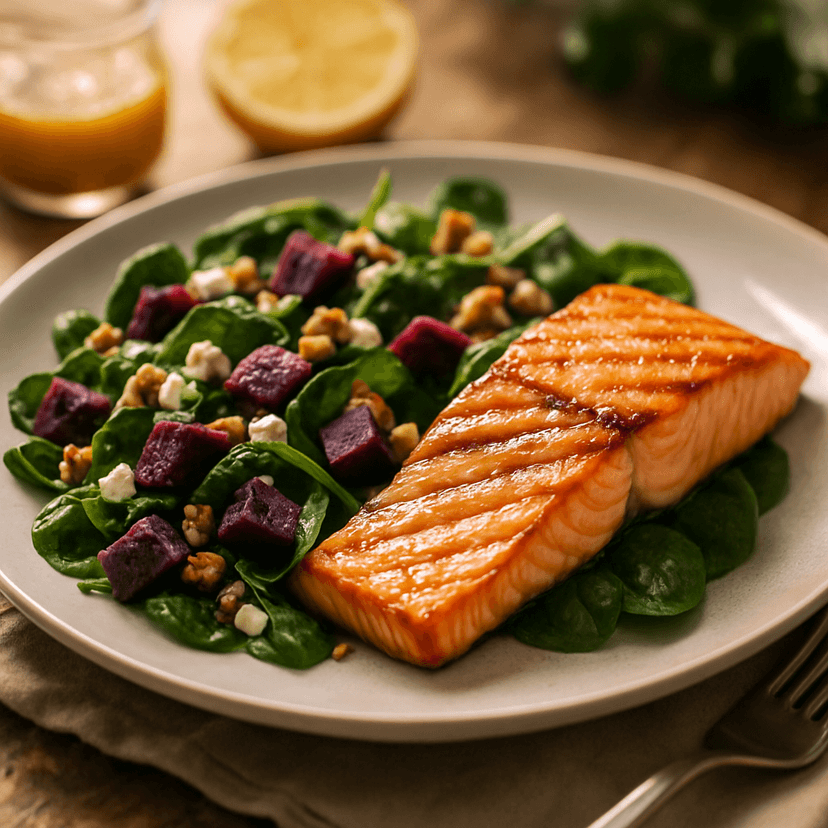 Grilled Salmon with Purple Sweet Potato Spinach Salad