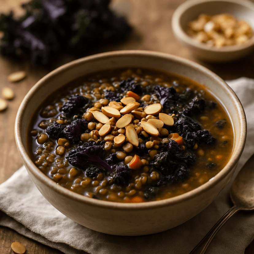 Purple Kale and Lentil Soup with Toasted Almonds