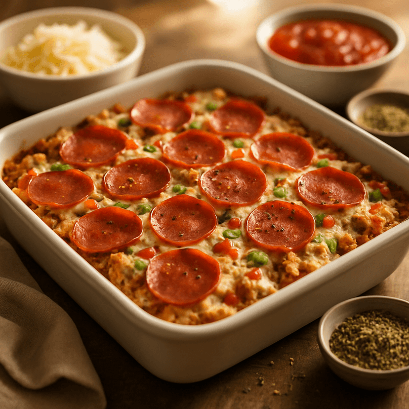 Lean High-Protein Turkey Pepperoni Pizza Bake