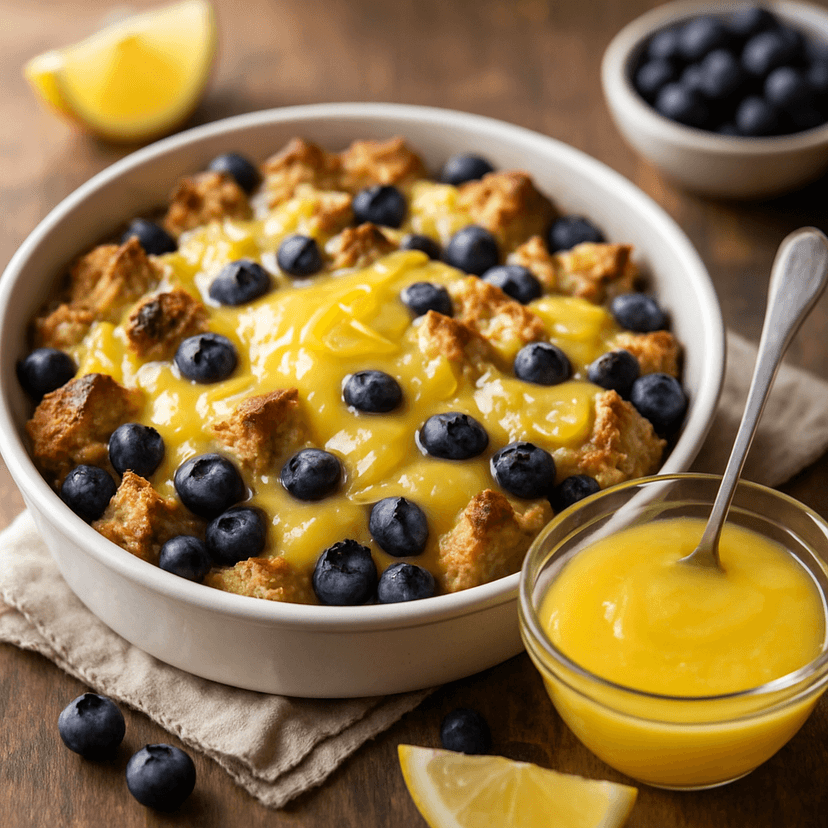 Lemon Blueberry Ricotta Bread Pudding with Lemon Curd Sauce