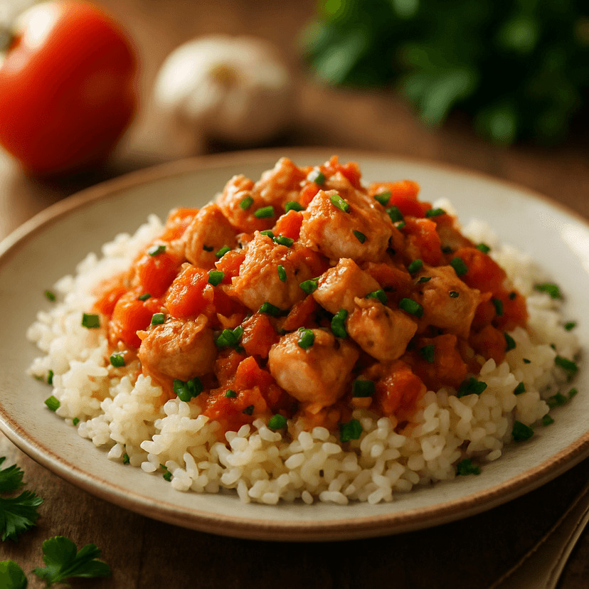 Garlic Tomato Chicken over Fluffy Rice