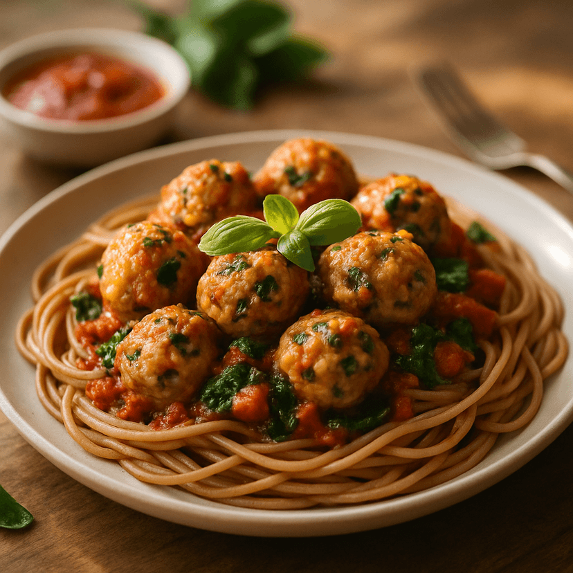 Spinach & Feta Chicken Meatballs with Wheat Pasta