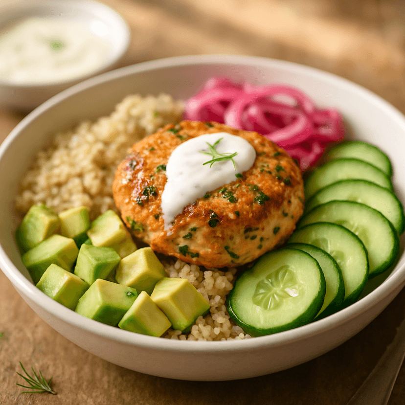 Zesty Salmon Burger Bowl with Avocado & Quinoa