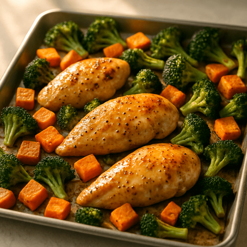 Honey Mustard Sheet Pan Chicken with Sweet Potato and Broccoli