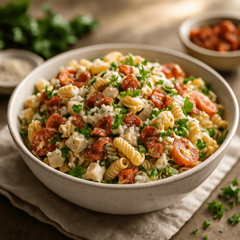Creamy Turkey Bacon Ranch Chickpea Pasta Salad
