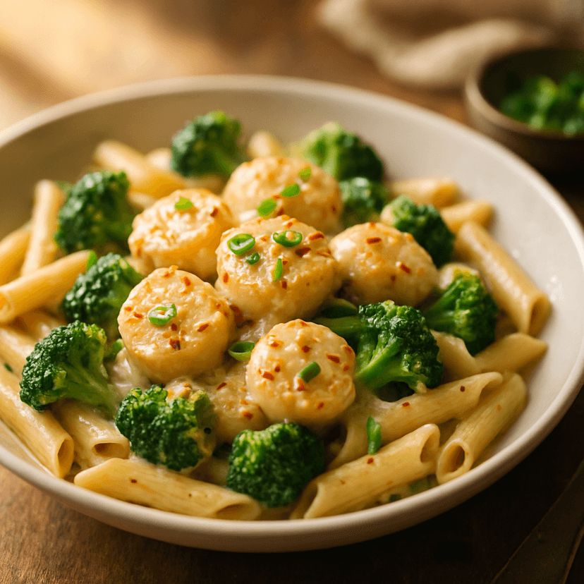 Sautéed Scallops in Ginger Garlic Sauce with Broccoli Penne