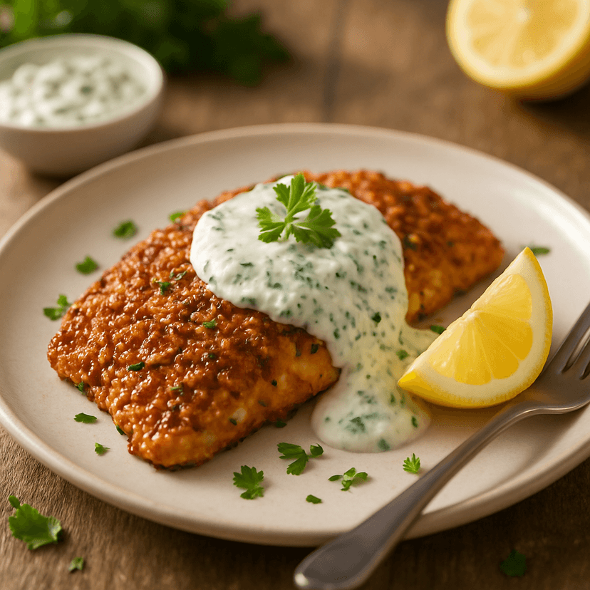 Pretzel Crusted Tilapia with Creamy Herb Lemon Sauce