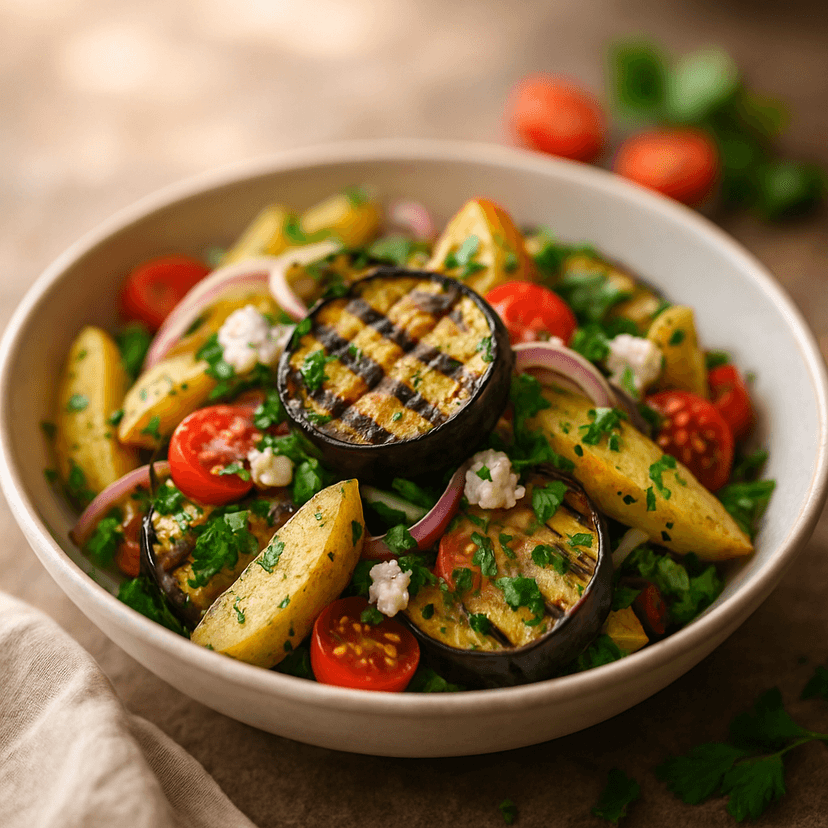 Grilled Eggplant and Potato Salad with Lemon Herb Dressing