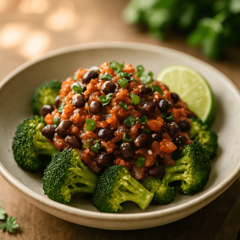 Spicy Black Bean & Quinoa over Roasted Broccoli or Cauliflower