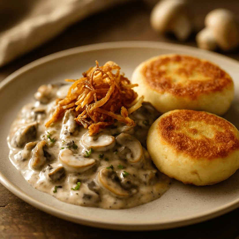 Creamy Mushroom Sauce with Fried Onions
